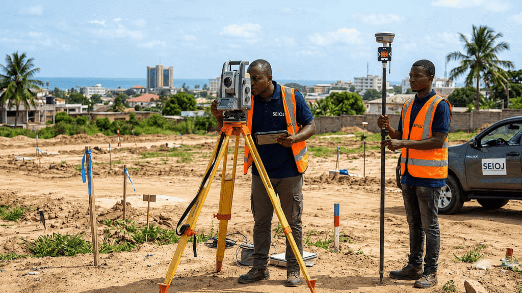 Image représentant deux employés d'une agence immobilière, entrain de réaliser des levées topographiques